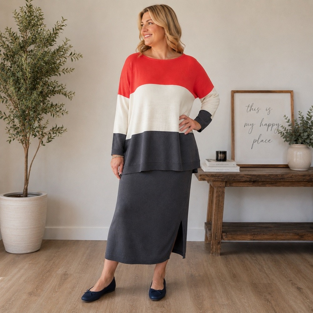 Nina Leonard Women Plus 3X Colorblock Knit Sweater and Skirt Set Red White Navy